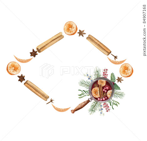 A wreath of lemons, cinnamon, cloves, mulled wine. Watercolor illustration A wreath of lemons, cinnamon, cloves, mulled wine. Watercolor illustration 84907168