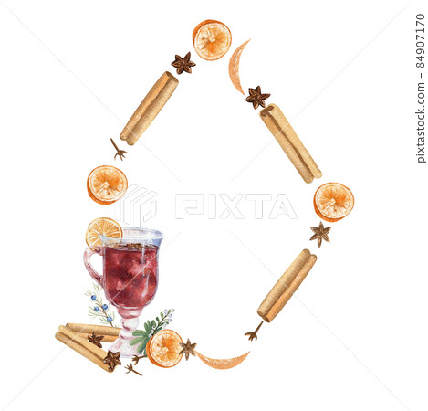 A wreath of lemons, cinnamon, cloves, mulled wine. Watercolor illustration 84907170