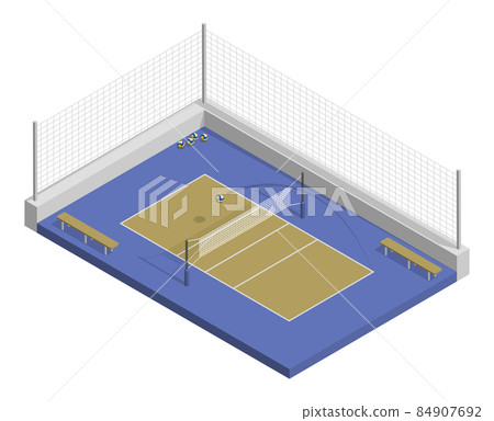 isometric volleyball court with net, parquet floor and markings lines. Volleyball playground top view. Sports ground for active recreation. Realistic 3d vector isolated on white back isometric volleyball court with net, parquet floor and markings lines. Volleyball playground top view. Sports ground for active recreation. Realistic 3d vector isolated on white back 84907692