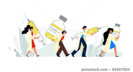 Men and women carry a vial of the covid-19 vaccine. Doctors and scientists rush to help Men and women carry a vial of the covid-19 vaccine. Doctors and scientists rush to help 84907804