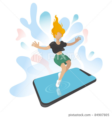 A young teenage girl falls into her cell phone. Addicted to the Internet and social media. A young teenage girl falls into her cell phone. Addicted to the Internet and social media. 84907805