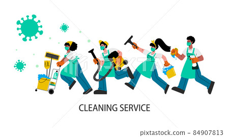 Janitors team in rubber gloves run to clean,disinfects homes and offices.Vector flat illustration Janitors team in rubber gloves run to clean,disinfects homes and offices.Vector flat illustration 84907813