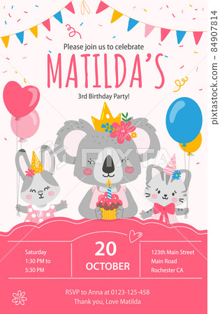 Happy birthday invitation,card template with koala,rabbit,cat girls characters.Vector illustration Happy birthday invitation,card template with koala,rabbit,cat girls characters.Vector illustration 84907814