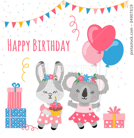 Koala holding balloons,bunny standing with muffin and candle.Tempalte for girls birthday card Koala holding balloons,bunny standing with muffin and candle.Tempalte for girls birthday card 84907819