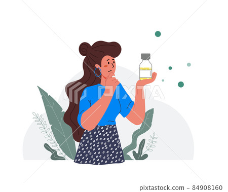 Girl is holding a vaccine vial. Do I need vaccine, contraindications, different types of vaccines. 84908160