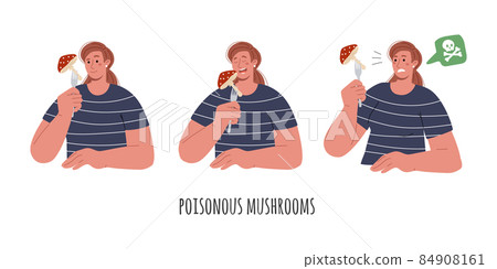Poisoning of poisonous mushrooms.Eating a wrong fly agaric.Vector flat illustration. 84908161