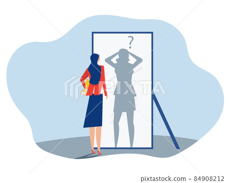 imposter syndrome, businesswoman looking shadow himself through mirror for Anxiety and lack of self confidence at work vector imposter syndrome, businesswoman looking shadow himself through mirror for Anxiety and lack of self confidence at work vector 84908212