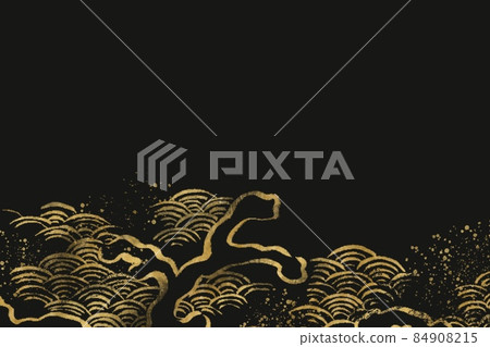 黑色背景下青海波浪和日本波浪的金色抽象插圖 深色日式筆刷複製空間動態 84908215