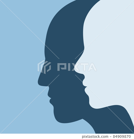 Silhouettes profile of a man and a woman. Man and woman look one way. 84909870