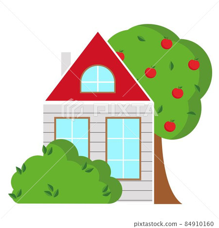 Simple rural wooden house with apple tree and bush 84910160