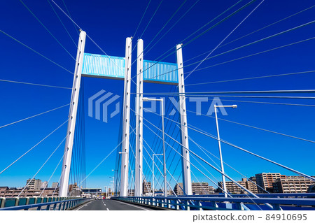 橫跨多摩川的白色是正橋(府中市、東京稻城市) 橫跨多摩川的白色是正橋(府中市、東京稻城市) 84910695