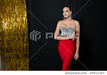 portrait of a beautiful fashionable woman in a festive dress at a party 84911367