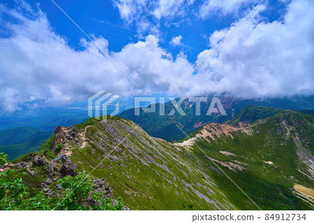 View the ridgeline of Mt. Neishi on the south side from the summit of Mt. View the ridgeline of Mt. Neishi on the south side from the summit of Mt. 84912734