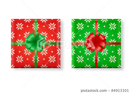 Vector 3d Realistic Paper Green, Red Christmas Gift Box, Bow Icon Set. Christmas Pattern. New Year, Christmas Concept. Design Template of Christmas Present Packing. Top View 84913101