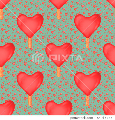 Seamless pattern with watercolor red hearts ice creams 84915777