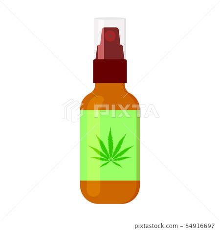 Hemp oil spray in bottle with cannabis leaf on label. CBD product for muscle pain and anxiety relief isolated on white background. Cannabidiol for healthcare 84916697