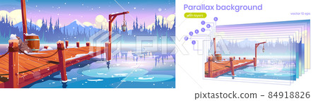 Parallax background wooden pier on winter lake Parallax background wooden pier on winter lake 84918826