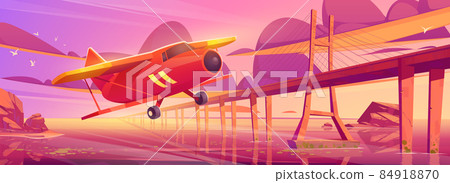 Small airplane flying at sunset ocean with bridge Small airplane flying at sunset ocean with bridge 84918870