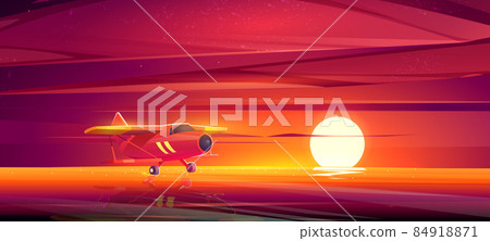 Small airplane at sunset ocean cartoon landscape Small airplane at sunset ocean cartoon landscape 84918871