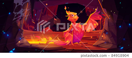 Phoenix, fenix fire bird cartoon character in cave 84918904