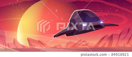 Spaceship fly above alien planet surface Spaceship fly above alien planet surface 84918921