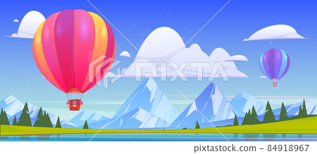 Mountain landscape with lake and hot air balloons 84918967
