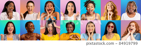 Emotional portraits of multiracial women on colorful backgrounds Emotional portraits of multiracial women on colorful backgrounds 84919799