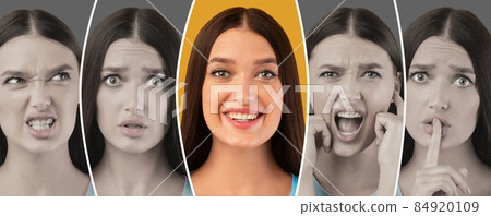 Mood swings during day. Young woman showing various emotions, creative image with accent on positive face expression Mood swings during day. Young woman showing various emotions, creative image with accent on positive face expression 84920109