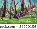 Amazing fantasy mushroom garden with trees, green forest with fly agaric, sunlight rays, grass, leaves and beautiful nature in vector. Summer floral park illustration digital artwork. 84920156