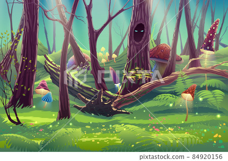 Amazing fantasy mushroom garden with trees, green forest with fly agaric, sunlight rays, grass, leaves and beautiful nature in vector. Summer floral park illustration digital artwork. 84920156