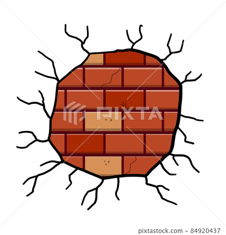 Damaged Brick wall. Broken plaster with cracks. Decoration and background element. Detail of house and hole in old building. Damaged Brick wall. Broken plaster with cracks. Decoration and background element. Detail of house and hole in old building. 84920437