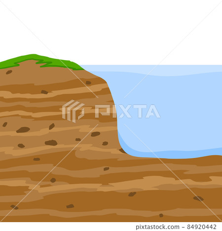 Water shore. Land in cross section. Coast of pond and bottom of lake. Ecology and geology. Flat cartoon illustration 84920442