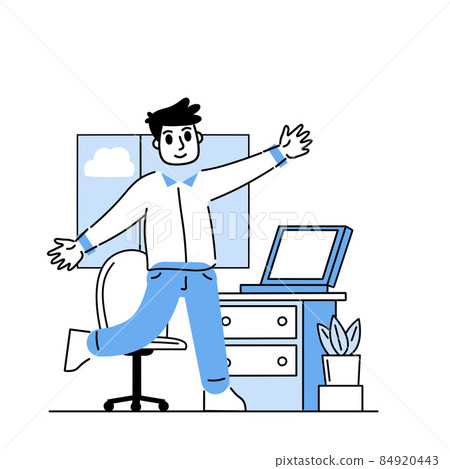 Man in office. Businessman goes to work. Outline happy business character at work. Linear interior of office with desk and computer. Modern cartoon isolated on white 84920443