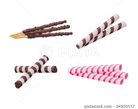 Different biscuit waffle sticks with chocolate set on a white isolated background. Delicious dessert. Vector cartoon illustration 84920537