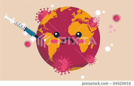 Earth world corona vaccine global dose. Planet care concept coronavirus epidemic health. Immunization vaccination warning covid. Globe map vector illustration pathogen medical injection viral 84920658