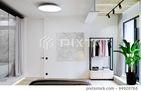 interior of a bedroom in a modern loft style with a bathroom interior of a bedroom in a modern loft style with a bathroom 84920768