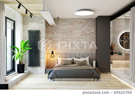 interior of a bedroom in a modern loft style with a bathroom interior of a bedroom in a modern loft style with a bathroom 84920769