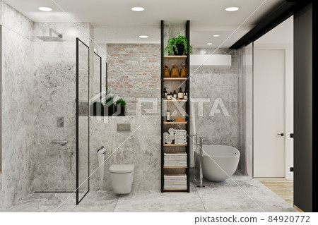 interior of a bedroom in a modern loft style with a bathroom interior of a bedroom in a modern loft style with a bathroom 84920772