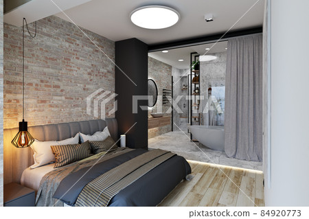 interior of a bedroom in a modern loft style with a bathroom interior of a bedroom in a modern loft style with a bathroom 84920773