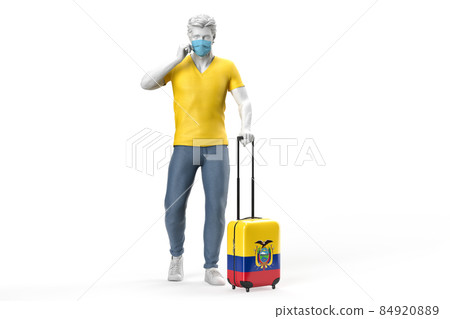 Man wearing face mask pulls a suitcase textured with flag of Ecuador. 3D Rendering Man wearing face mask pulls a suitcase textured with flag of Ecuador. 3D Rendering 84920889