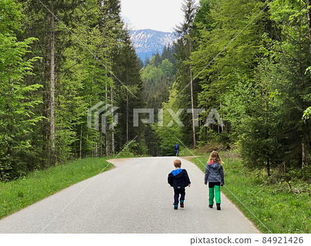 Teenage girl and small boy at Engalm Valley in Karwendel mountains in Austria 84921426