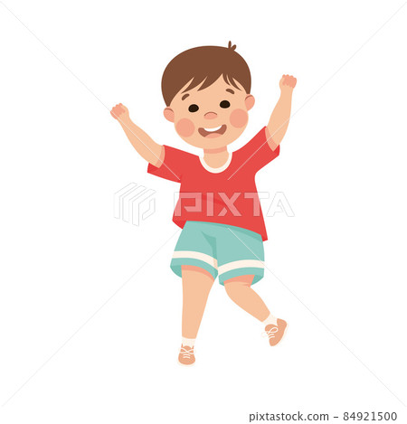 Happy Boy Jumping with Joy and Hands Up Cheering and Having Fun Vector Illustration Happy Boy Jumping with Joy and Hands Up Cheering and Having Fun Vector Illustration 84921500