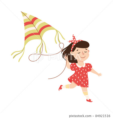Smiling Girl Running with Flying Kite Playing and Having Fun Vector Illustration 84921516