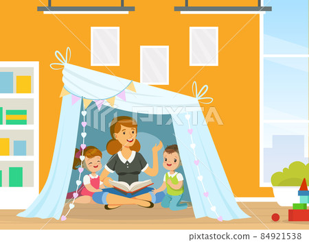 Mother with Cute Little Children Sitting in Teepee Tent and Reading Book Vector Illustration 84921538