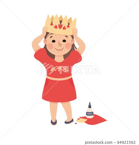 Creative Girl with Paper Glued Crown on Her Head as Handcrafted Item Vector Illustration 84921562