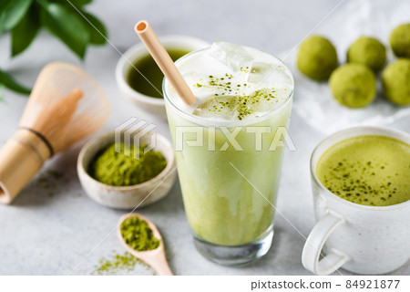 Delicious Vegan Matcha Ice Latte In Glass 84921877