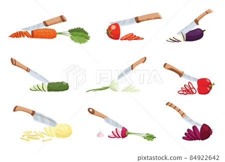 Collection of sliced vegetable. Slicing by knife. Cutting isolated on white background. Prepare to cooking. Chopped fresh nutrition in cartoon flat style Collection of sliced vegetable. Slicing by knife. Cutting isolated on white background. Prepare to cooking. Chopped fresh nutrition in cartoon flat style 84922642