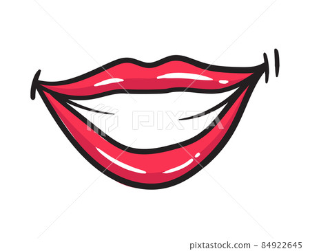 Comic female red lips sticker. Women mouth with lipstick in vintage comic style. Smile pop art retro illustration Comic female red lips sticker. Women mouth with lipstick in vintage comic style. Smile pop art retro illustration 84922645