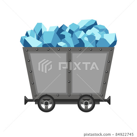 Metal mine cart loaded with crystals. Cartoon mine trolley. Vector design illustration isolated on white background 84922745