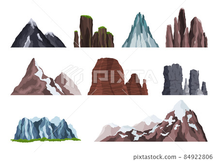 Nature mountain landscape set. Variety of rocky massif vector Illustrations. Tops outdoor, winter peaks, hilltop with trees, hiking mountain valley Nature mountain landscape set. Variety of rocky massif vector Illustrations. Tops outdoor, winter peaks, hilltop with trees, hiking mountain valley 84922806